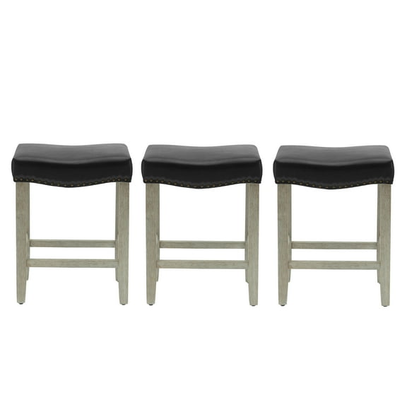 WestinTrends 24" Upholstered Saddle Seat Antique Gray Counter Stool (Set of 3), Antique Gray