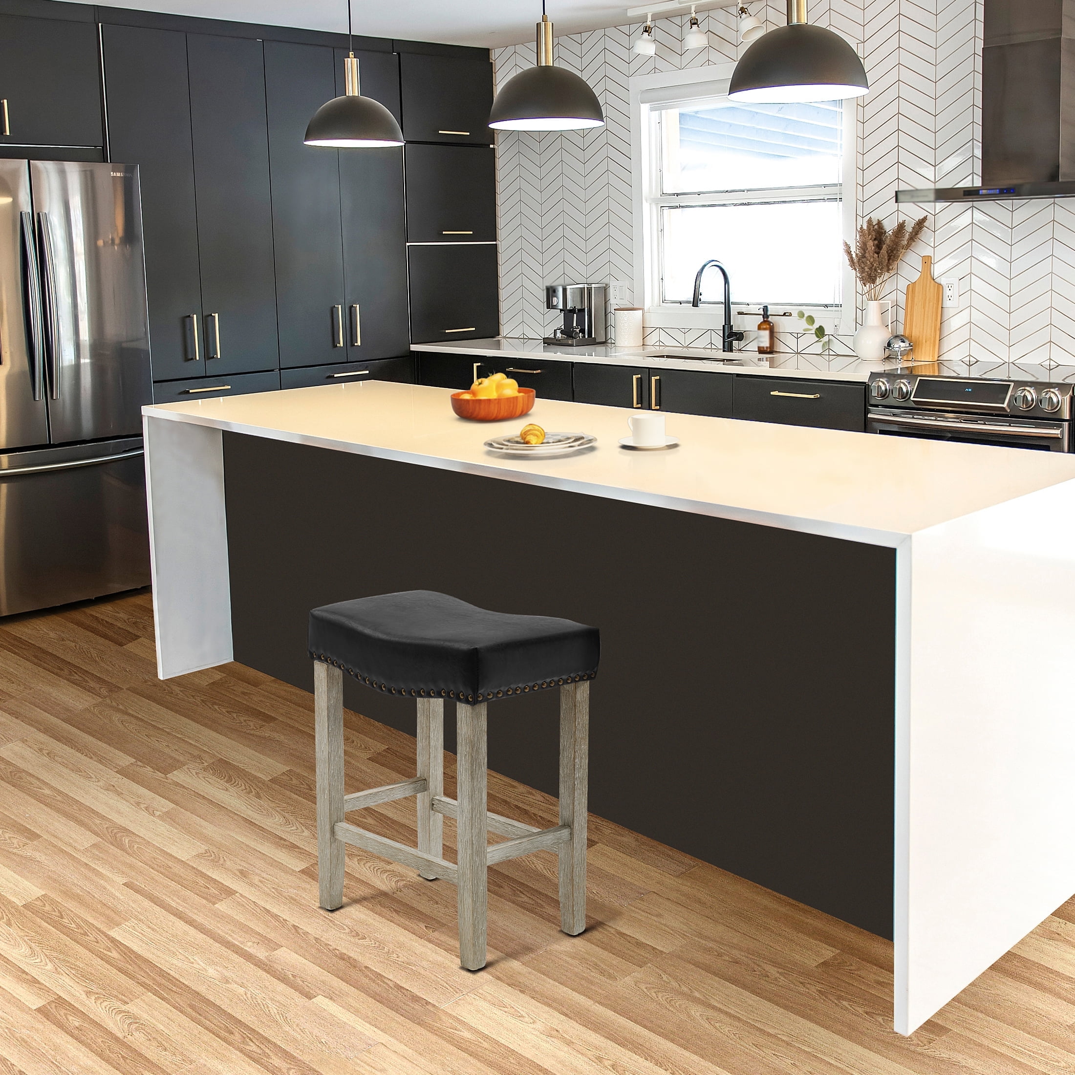 Modern 24" Black Leather Saddle-Style Wood Counter Stool