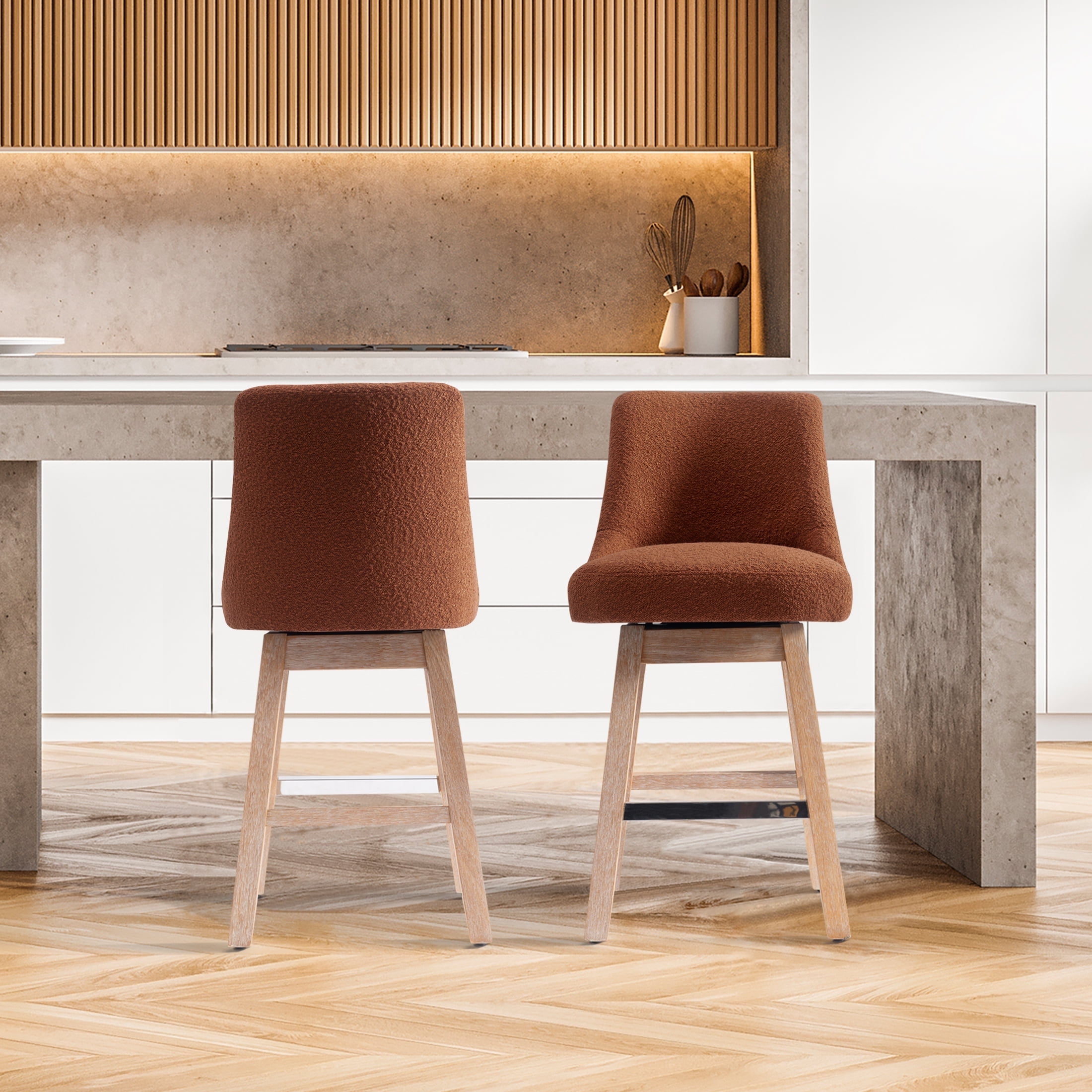 Rust Orange Upholstered Swivel Counter Height Bar Stools with Antique Oak Legs