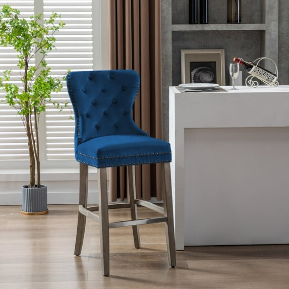 WestinTrends Wordford 29" Tufted Velvet Bar Stool, Antique Gray/ Royal Blue