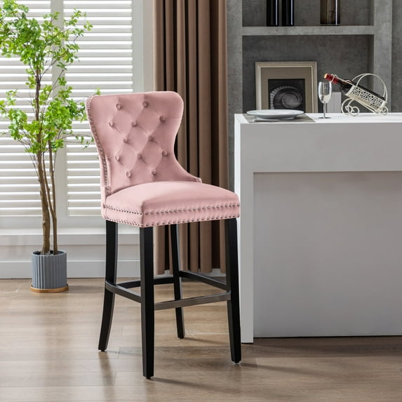 WestinTrends Wordford 29" Tufted Velvet Bar Stool, Black/ Pink