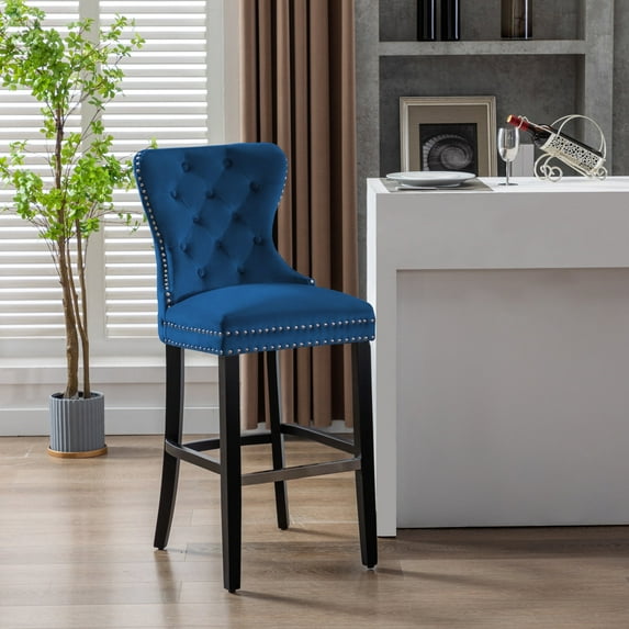 WestinTrends Wordford 29" Tufted Velvet Bar Stool, Black/ Royal Blue