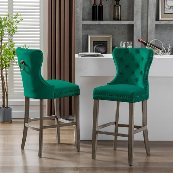 WestinTrends Wordford 29" Tufted Velvet Bar Stool (Set of 2), Antique Gray/ Dark Green