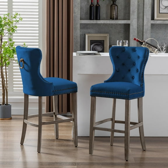 WestinTrends Wordford 29" Tufted Velvet Bar Stool (Set of 2), Antique Gray/ Royal Blue