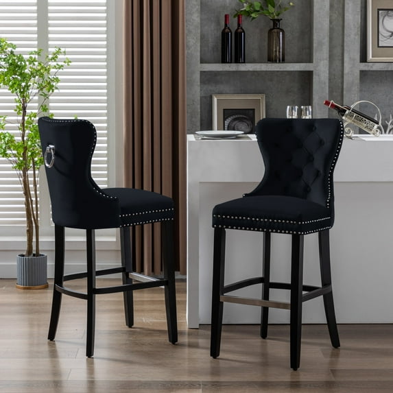 WestinTrends Wordford 29" Tufted Velvet Bar Stool (Set of 2), Black/ Black
