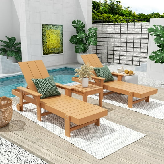WestinTrends 2pcs of Shoreside Poly Reclining Chaise Lounges with Side Table for Outdoor, Patio, Garden,Teak