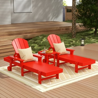 WestinTrends 3 Piece Adirondack Poly Reclining Chaise Lounge With Arms & Wheels, Red