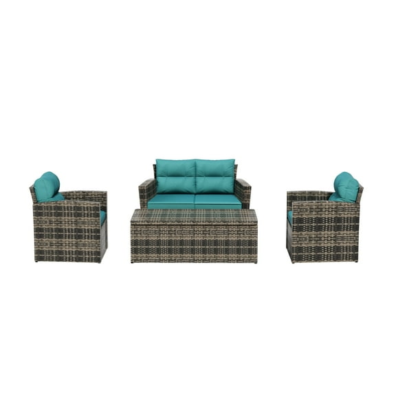 WestinTrends 4-Piece Conversation Set with Back Cushions PE Rattan Furniture, Brown/Turquoise