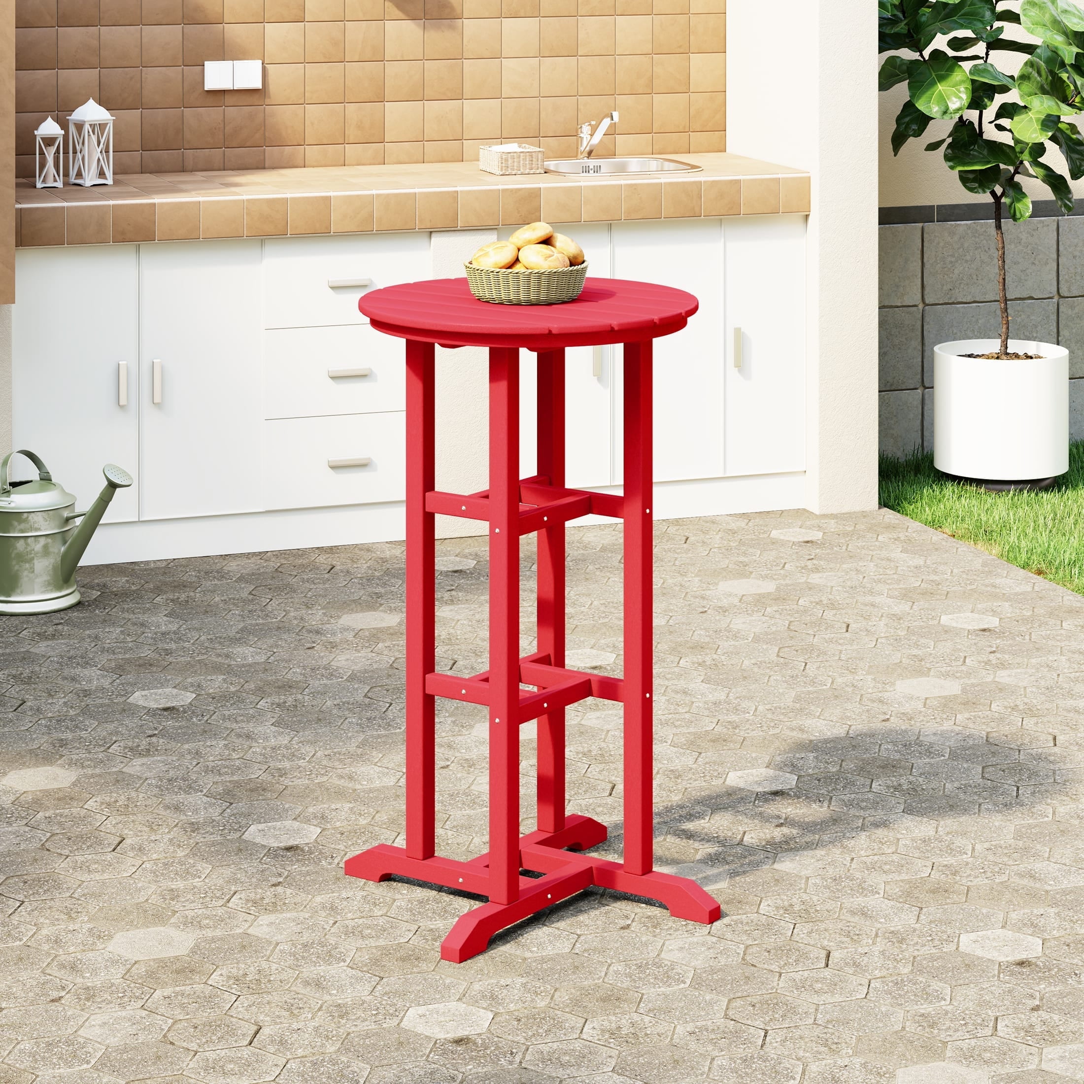 Red HDPE Outdoor Patio Bar Height Bistro Table, 42" Tall