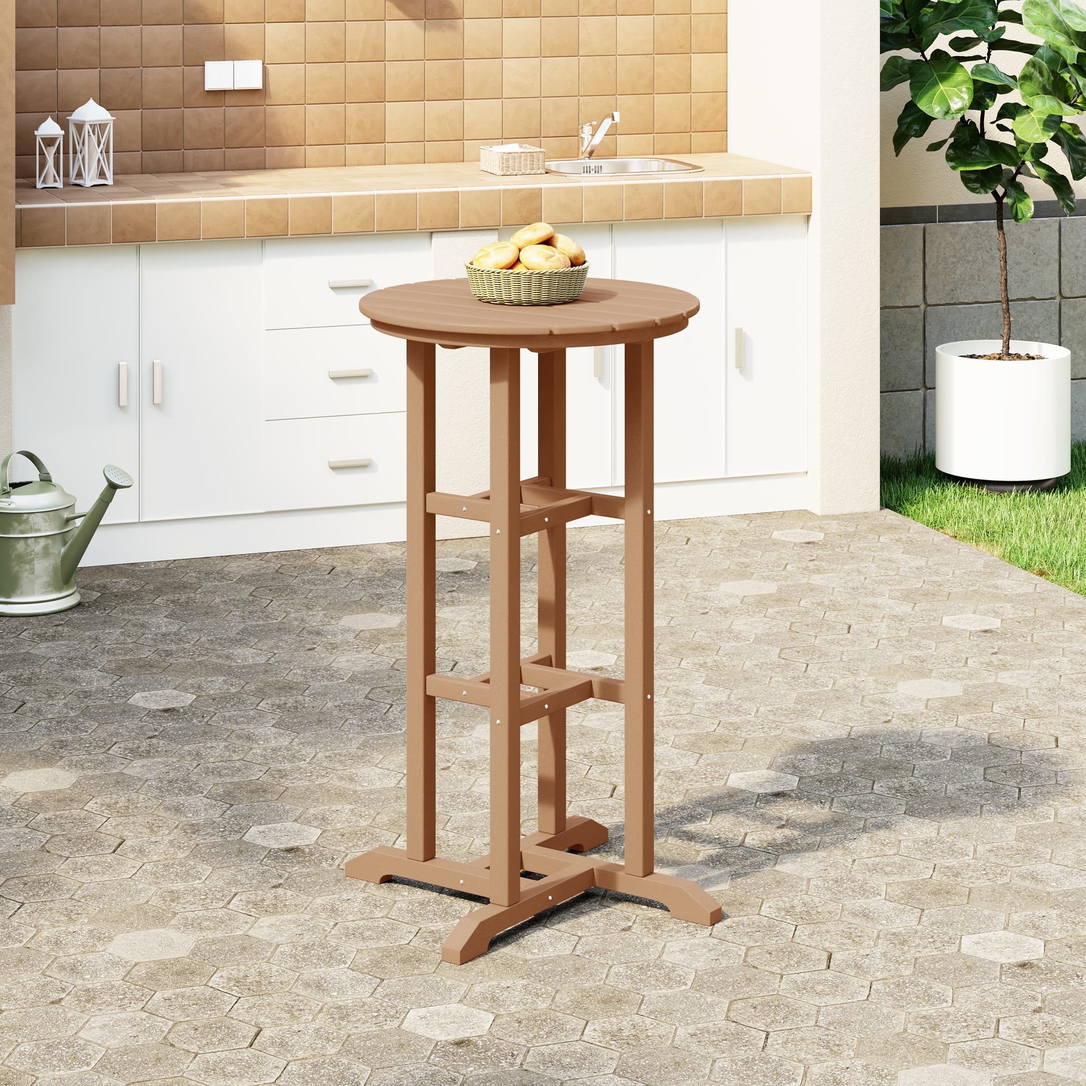 Teak Brown HDPE Outdoor Patio Bar Height Bistro Table