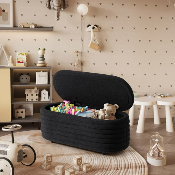 WestinTrends 42" Wide Mid-Century Modern Upholstered Teddy Sherpa Tufted Oval Storage Ottoman Bench, Black