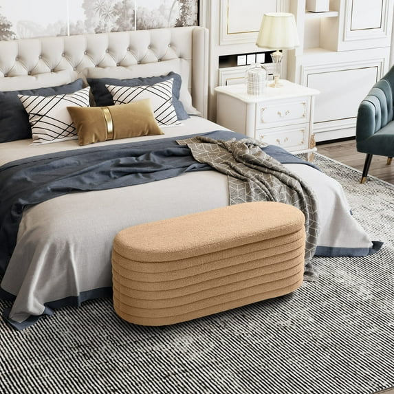 WestinTrends 42" Wide Mid-Century Modern Upholstered Teddy Sherpa Tufted Oval Storage Ottoman Bench, Camel