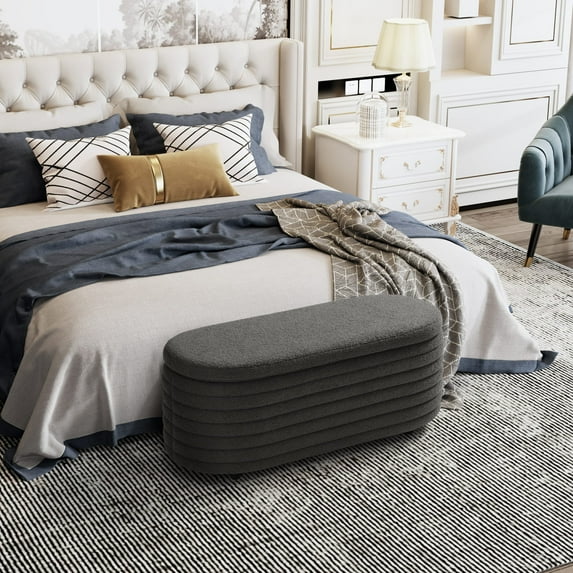 WestinTrends 42" Wide Mid-Century Modern Upholstered Teddy Sherpa Tufted Oval Storage Ottoman Bench, Charcoal Gray
