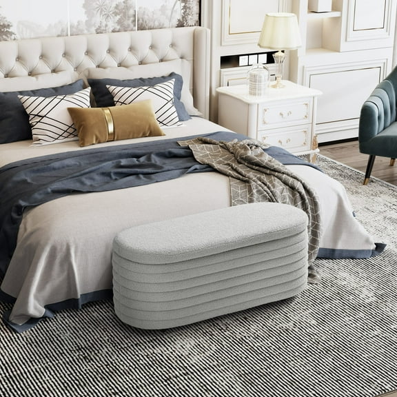 WestinTrends 42" Wide Mid-Century Modern Upholstered Teddy Sherpa Tufted Oval Storage Ottoman Bench, Light Gray