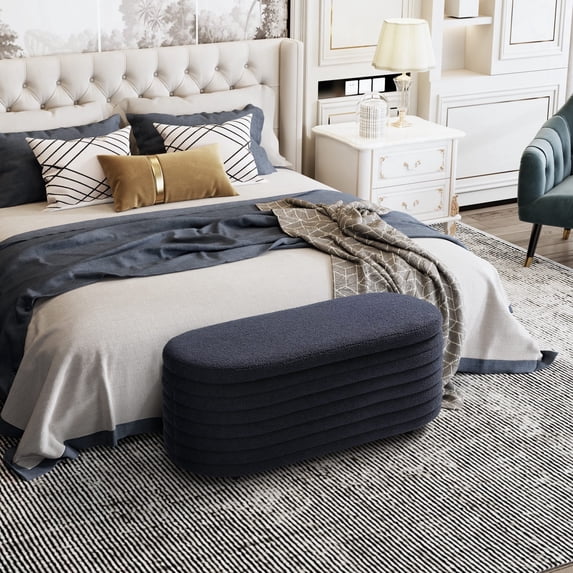 WestinTrends 42" Wide Mid-Century Modern Upholstered Teddy Sherpa Tufted Oval Storage Ottoman Bench, Navy Blue