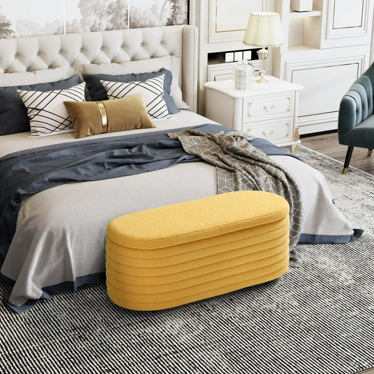 WestinTrends 42 Wide Mid Century Modern Upholstered Teddy Sherpa Tufted Oval Storage Ottoman Bench Sunset Gold Walmart