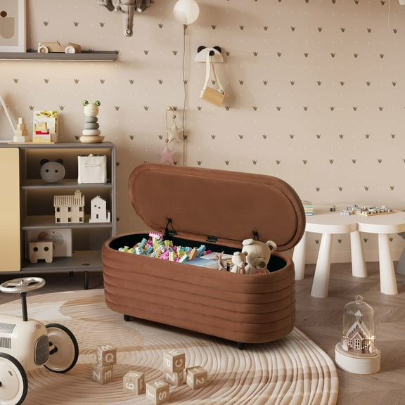 WestinTrends 42" Wide Mid-Century Modern Upholstered Velvet Tufted Oval Storage Ottoman Bench, Brown