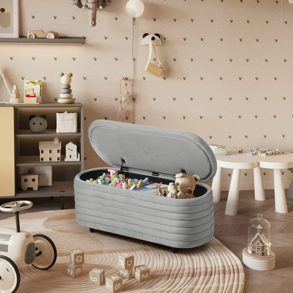 WestinTrends 42" Wide Mid-Century Modern Upholstered Velvet Tufted Oval Storage Ottoman Bench, Gray