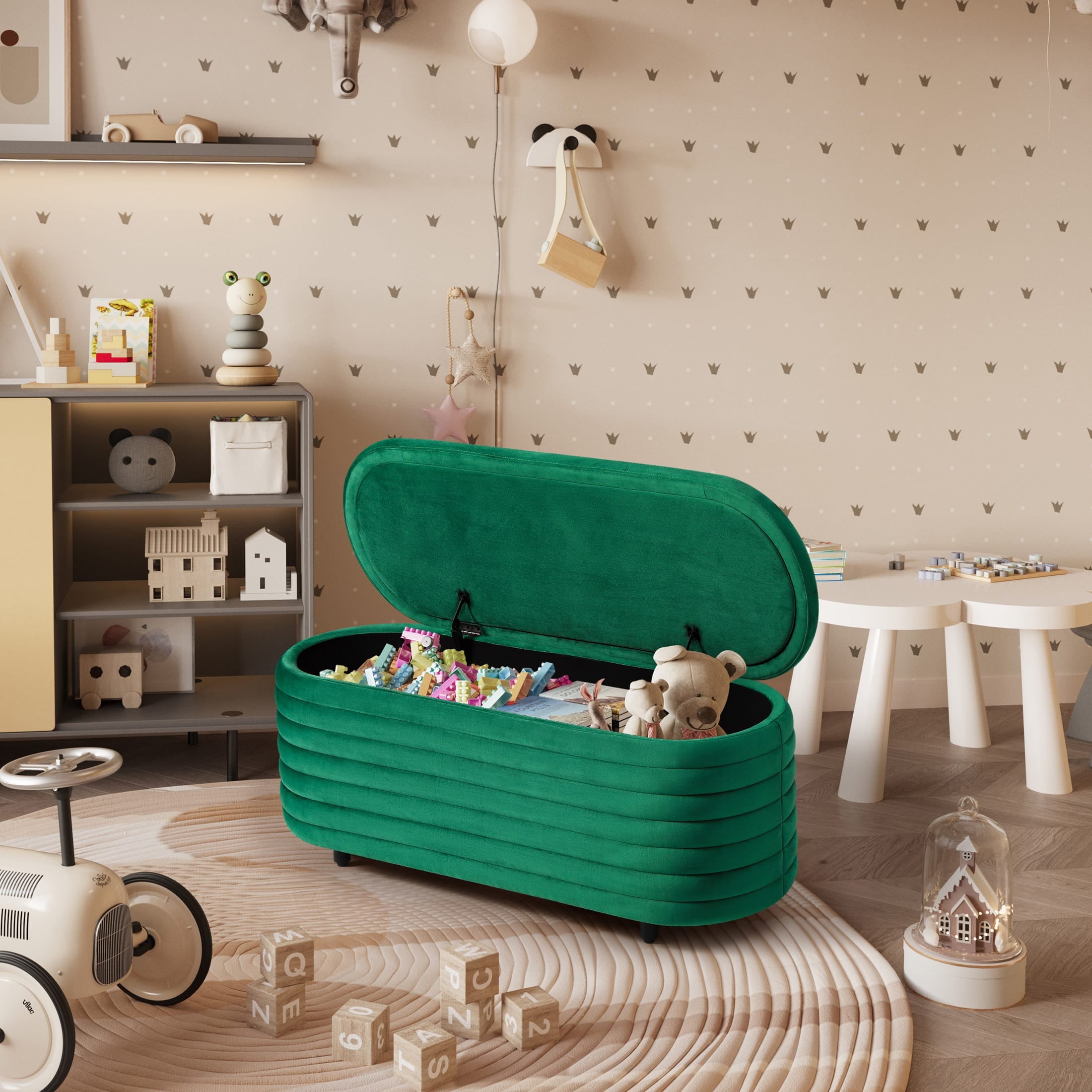 WestinTrends 42" Wide Mid-Century Modern Upholstered Velvet Tufted Oval Storage Ottoman Bench, Green