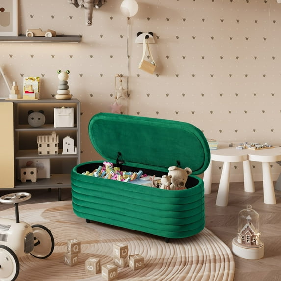 WestinTrends 42" Wide Mid-Century Modern Upholstered Velvet Tufted Oval Storage Ottoman Bench, Green
