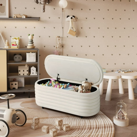 WestinTrends 42" Wide Mid-Century Modern Upholstered Velvet Tufted Oval Storage Ottoman Bench, Ivory