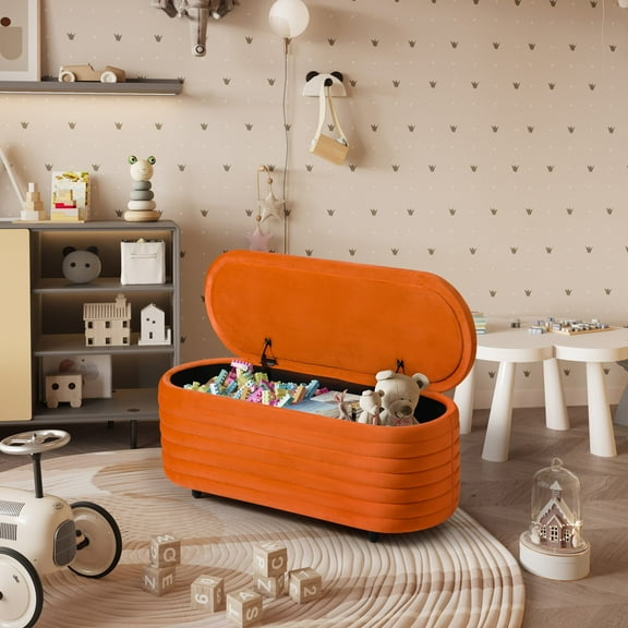 WestinTrends 42" Wide Mid-Century Modern Upholstered Velvet Tufted Oval Storage Ottoman Bench, Orange