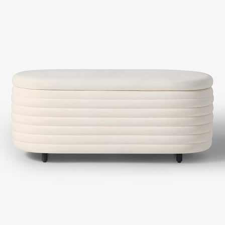 WestinTrends 42" Wide Mid-Century Modern Upholstered Velvet Tufted Oval Storage Ottoman , Ivory