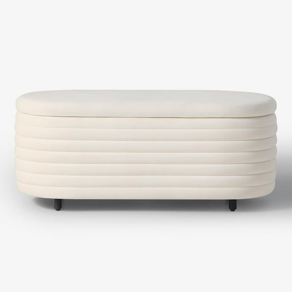 WestinTrends 42" Wide Mid-Century Modern Upholstered Velvet Tufted Oval Storage Ottoman , Ivory