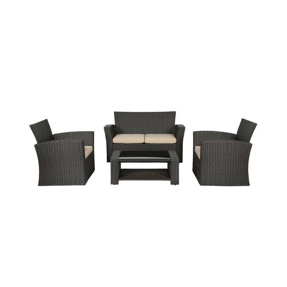WestinTrends 4pc Outdoor Furniture Conversation Sofa Set with Loveseat, Cofee Table and Cushions, All Weather UV Resistant Rattan Wicker Patio Chairs, Chocolate/Beige