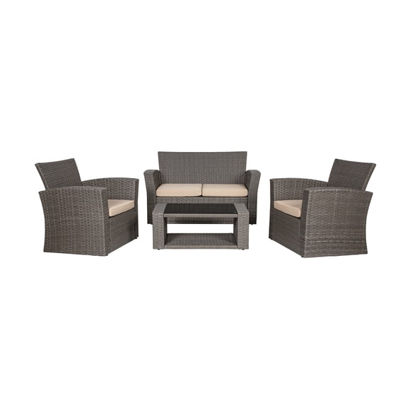 WestinTrends 4pc Outdoor Furniture Conversation Sofa Set with Loveseat, Cofee Table and Cushions, All Weather UV Resistant Rattan Wicker Patio Chairs, Gray/Beige
