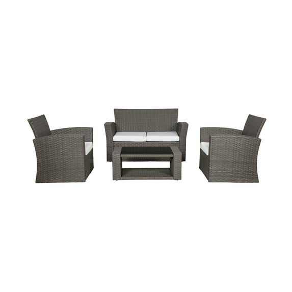 WestinTrends 4pc Outdoor Furniture Conversation Sofa Set with Loveseat, Cofee Table and Cushions, All Weather UV Resistant Rattan Wicker Patio Chairs, Gray/White