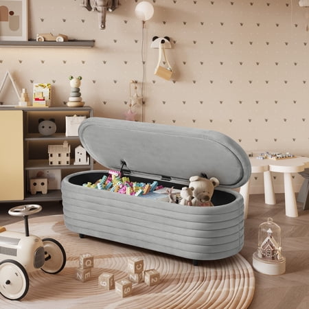 WestinTrends 54" Wide Mid-Century Modern Upholstered Velvet Tufted Oval Storage Ottoman Bench, Gray