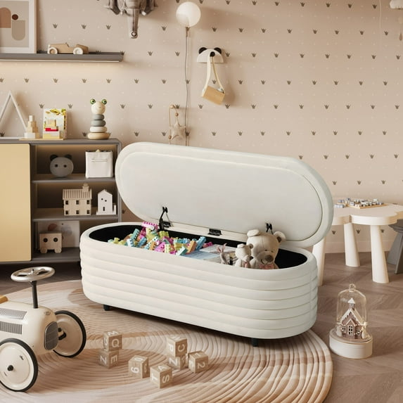 WestinTrends 54" Wide Mid-Century Modern Upholstered Velvet Tufted Oval Storage Ottoman Bench, Ivory