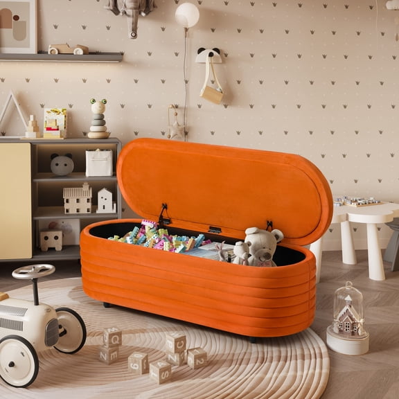 WestinTrends 54" Wide Mid-Century Modern Upholstered Velvet Tufted Oval Storage Ottoman Bench, Orange