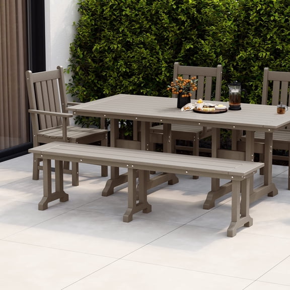 WestinTrends 65" Outdoor Dining Trestle Bench, All Weather Resistant hdpe Patio Seat Weathered Wood