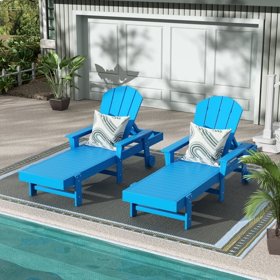 WestinTrends Adirondack Poly Reclining Chaise Lounge With Arms & Wheels (Set Of 2), Pacific Blue