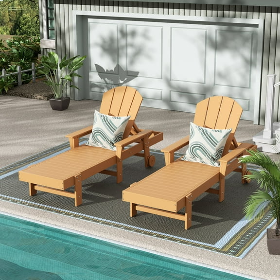 WestinTrends Adirondack Poly Reclining Chaise Lounge With Arms & Wheels (Set Of 2), Teak