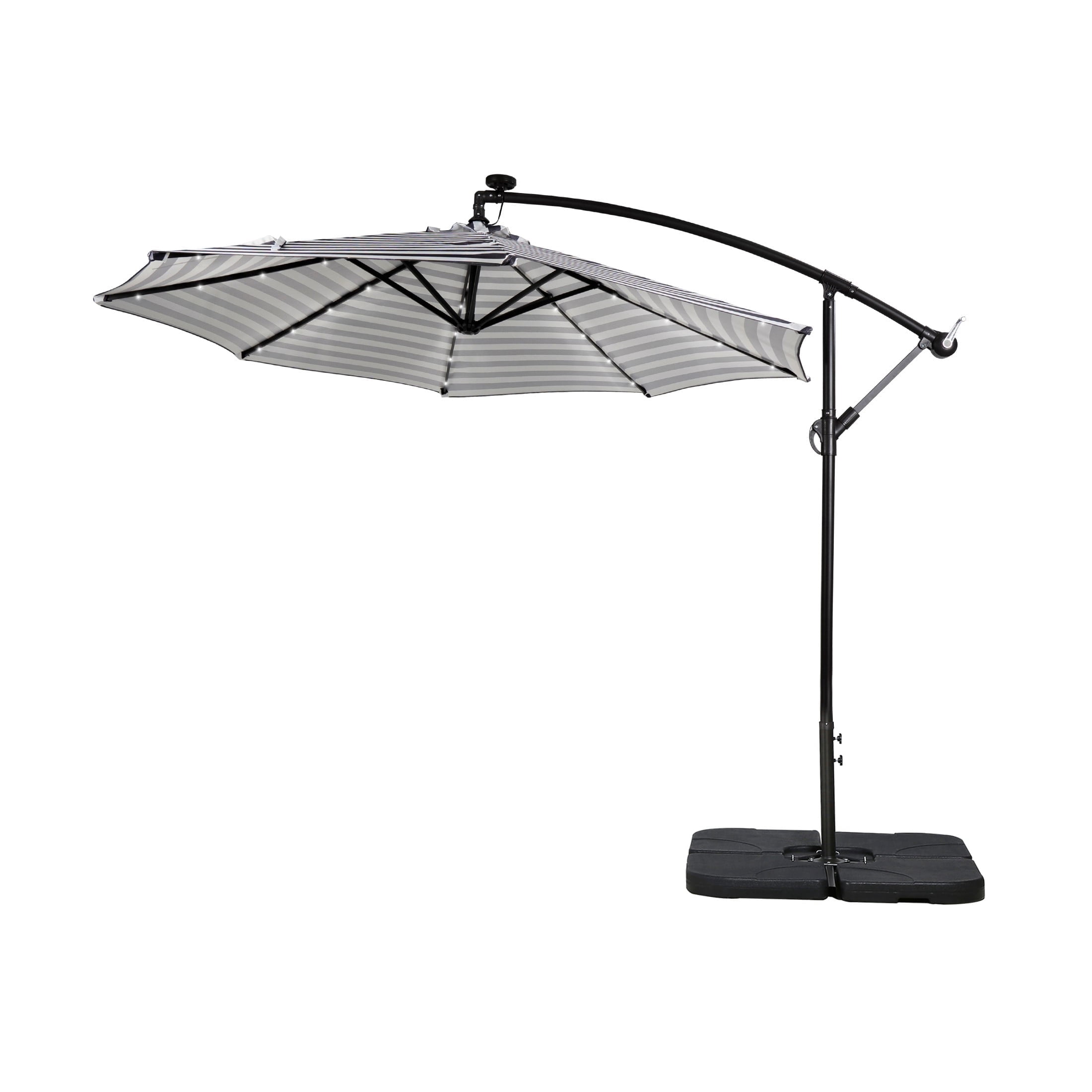 WestinTrends Albert 10 Ft Offset Patio Umbrella with Base Include, Solar Powered 32 LED Light Outdoor Pool Hanging Cantilever Umbrella with Infinite Tilt and Crank Lift, BlackBlack/White