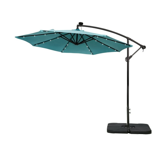 WestinTrends Albert 10 Ft Offset Patio Umbrella with Base Include, Solar Powered 32 LED Light Outdoor Pool Hanging Cantilever Umbrella with Infinite Tilt and Crank Lift, BlackTurquoise