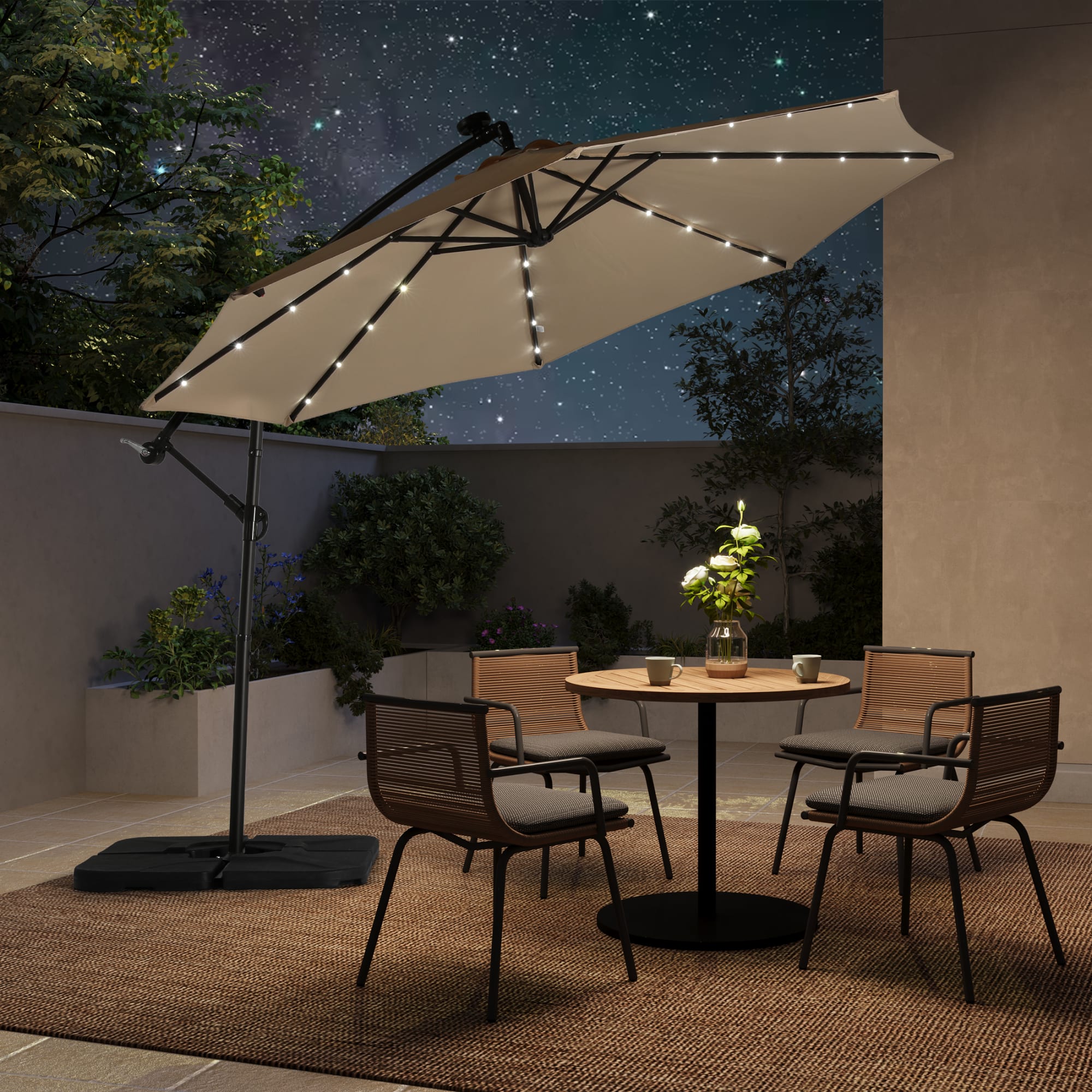 WestinTrends Albert 10 Ft Offset Patio Umbrella, Solar Powered 32 LED Light Outdoor Pool Hanging Cantilever Umbrella with Infinite Tilt and Crank Lift, Beige
