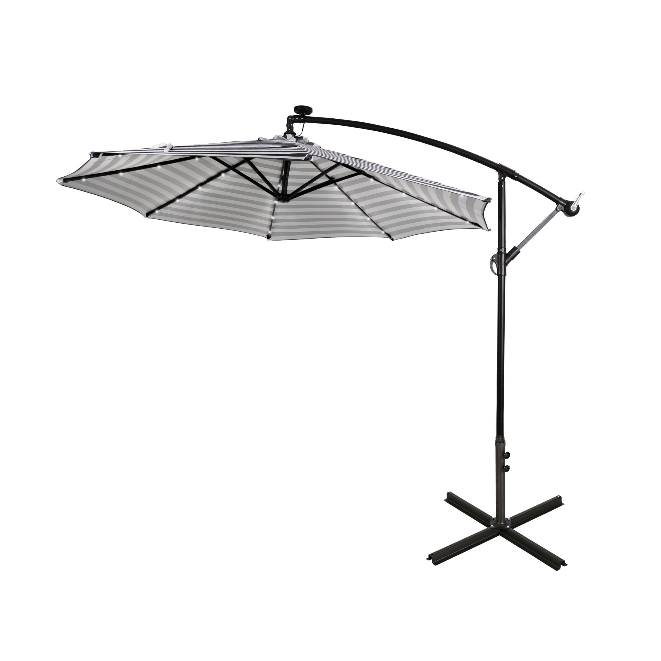WestinTrends Albert 10 Ft Offset Patio Umbrella, Solar Powered 32 LED Light Outdoor Pool Hanging Cantilever Umbrella with Infinite Tilt and Crank Lift, Black/White