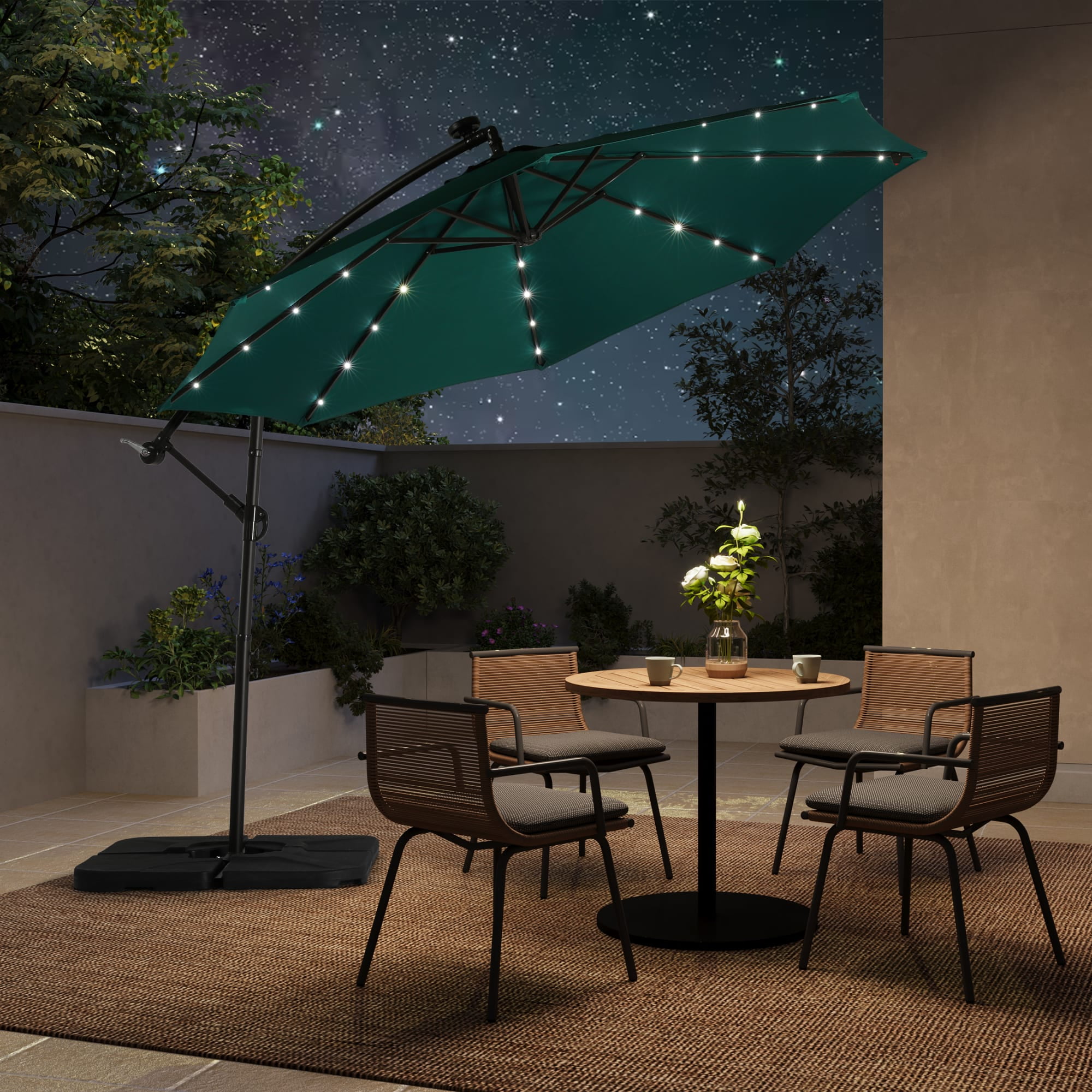 WestinTrends Albert 10 Ft Offset Patio Umbrella, Solar Powered 32 LED Light Outdoor Pool Hanging Cantilever Umbrella with Infinite Tilt and Crank Lift, Dark Green