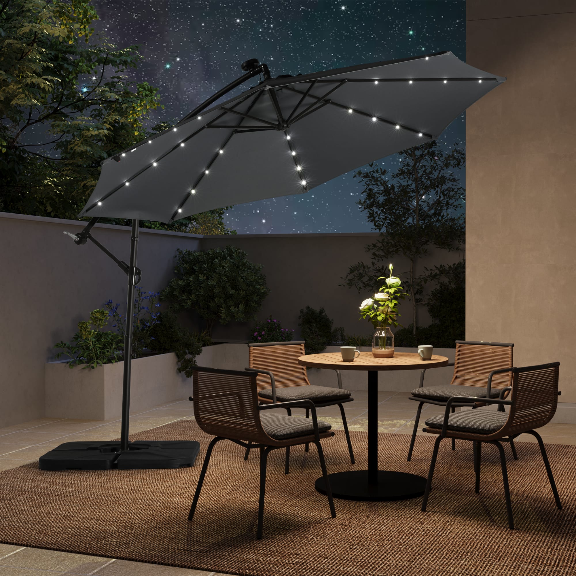 WestinTrends Albert 10 Ft Offset Patio Umbrella, Solar Powered 32 LED Light Outdoor Pool Hanging Cantilever Umbrella with Infinite Tilt and Crank Lift, Gray