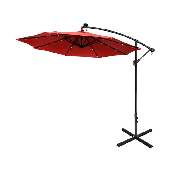 WestinTrends Albert 10 Ft Offset Patio Umbrella, Solar Powered 32 LED Light Outdoor Pool Hanging Cantilever Umbrella with Infinite Tilt and Crank Lift, Red