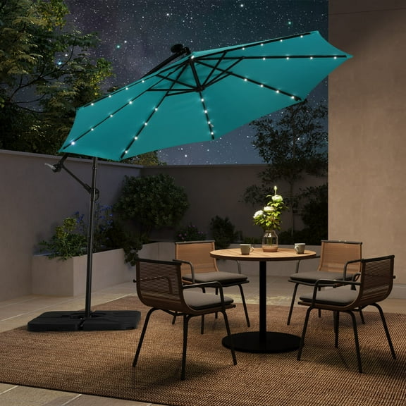 WestinTrends Albert 10 Ft Offset Patio Umbrella, Solar Powered 32 LED Light Outdoor Pool Hanging Cantilever Umbrella with Infinite Tilt and Crank Lift, Turquoise