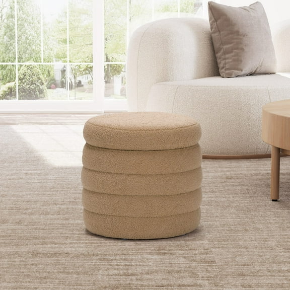 WestinTrends Alexandria Mid-Century Modern Faux Sherpa Round Storage Ottoman, Camel