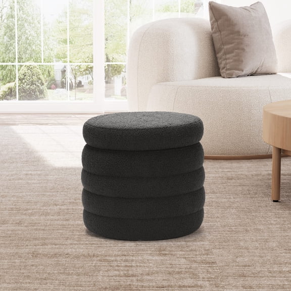 WestinTrends Alexandria Mid-Century Modern Faux Sherpa Round Storage Ottoman, Charcoal Gray