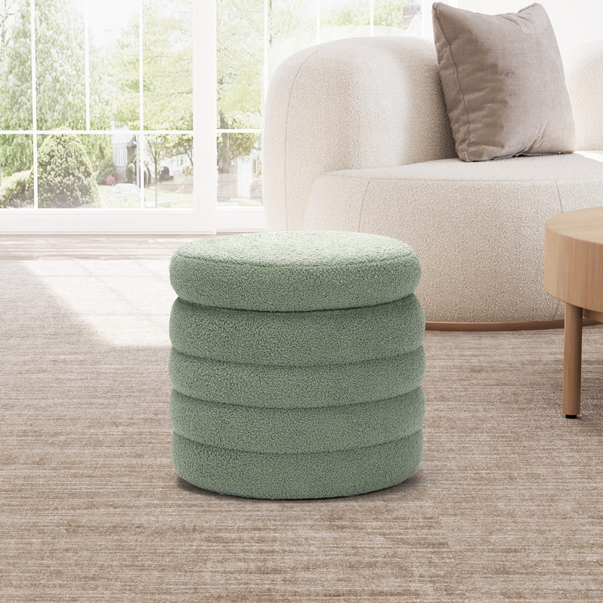 WestinTrends Alexandria Mid-Century Modern Faux Sherpa Round Storage Ottoman, Ice Green