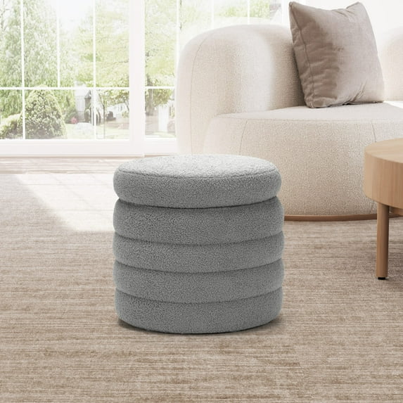 WestinTrends Alexandria Mid-Century Modern Faux Sherpa Round Storage Ottoman, Light Gray