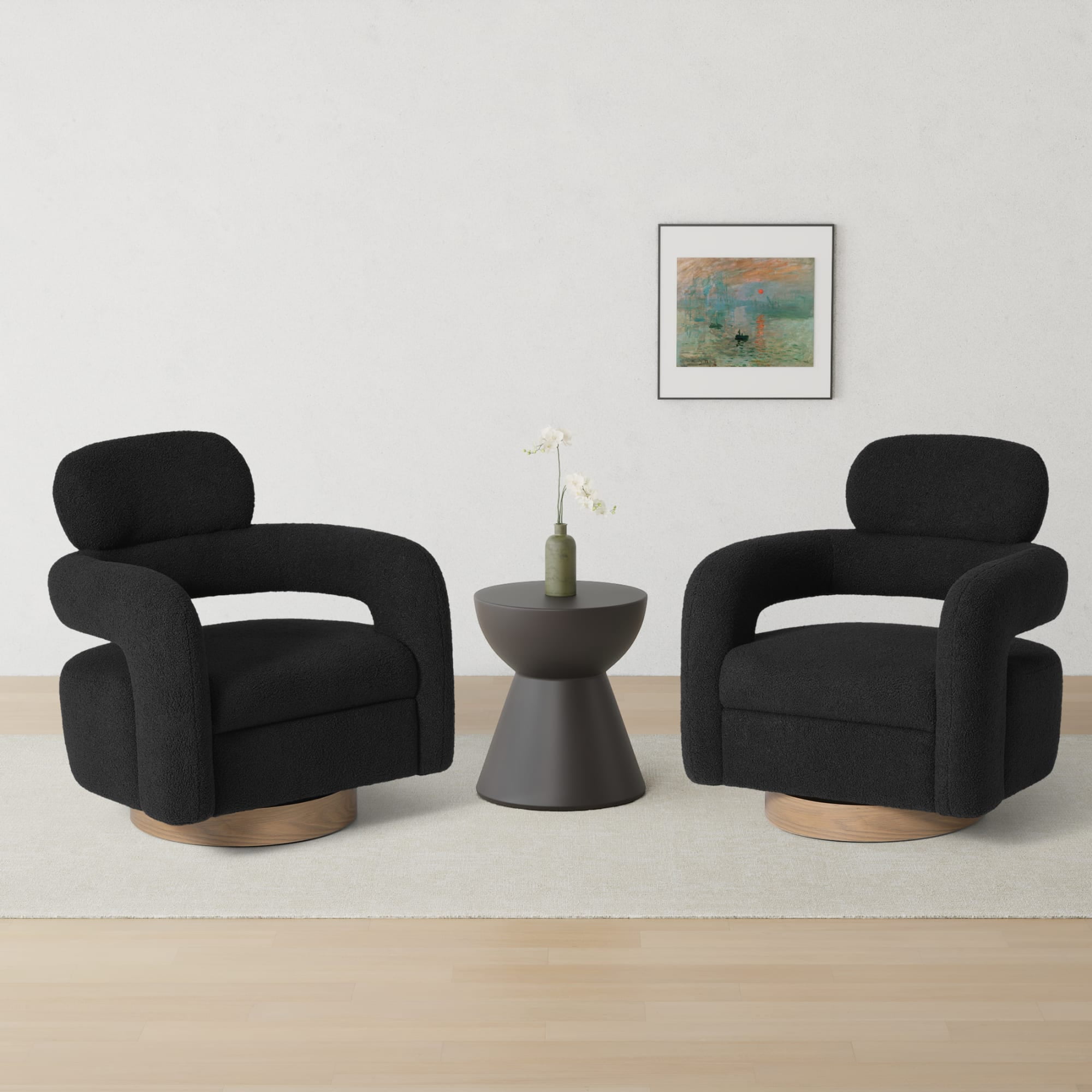 WestinTrends Alexandria Mid-Century Modern Sherpa Swivel Barrel Accent Chair (Set of 2), Black